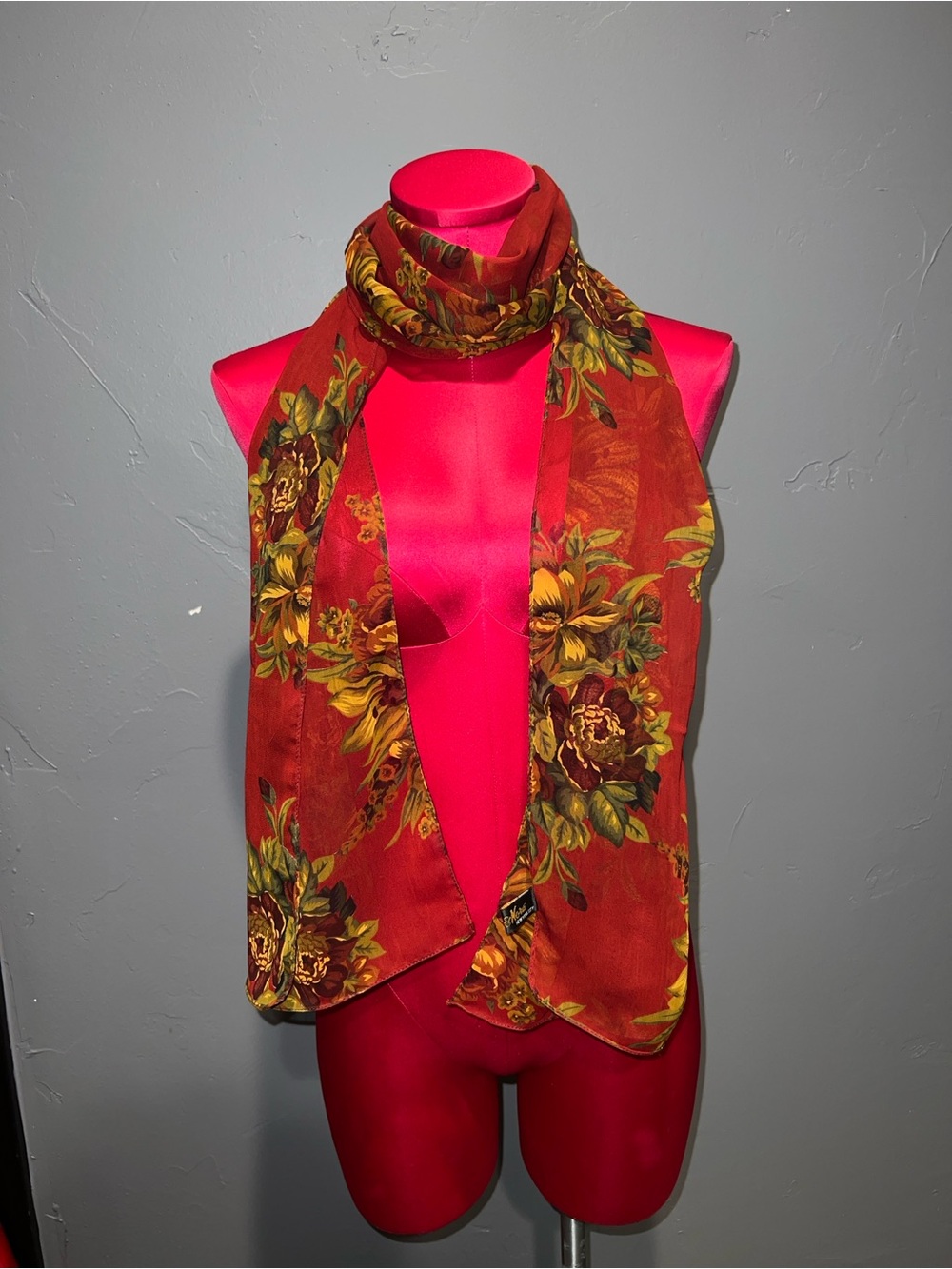 Vintage Nick & Nora Maroon Red Floral Chiffon Scarf!